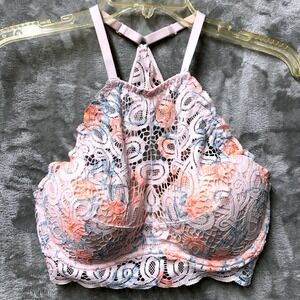 PINK Victoria's Secret Push-Up Lace Floral Halter Bralette Bra Pink Multi Size L